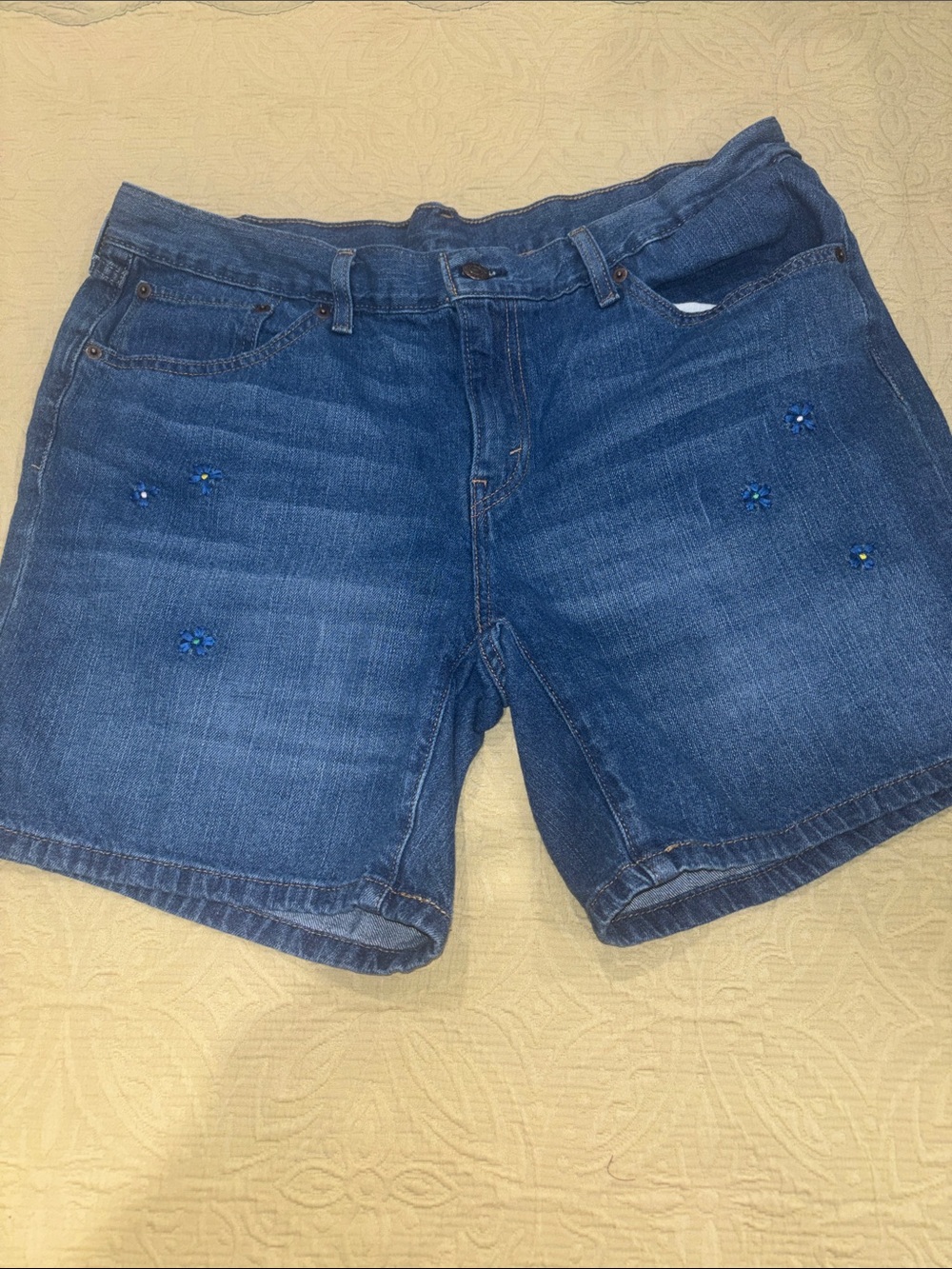 Levi's Dark Blue Denim Shorts Sz 33 with Tiny Blue Flower Accent